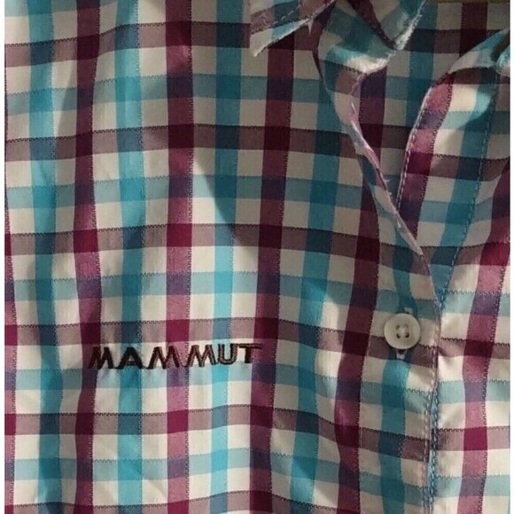MAMMUT Womens Size Large Aada Hiking Shirt Short Sleeve Purple Blue Plaid - Picture 1 of 5